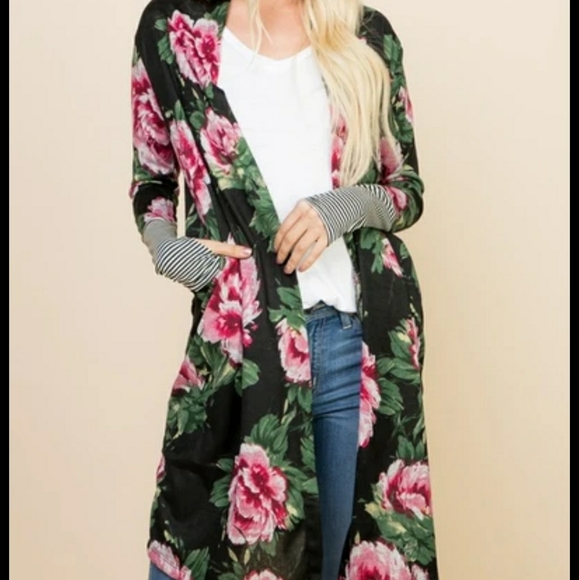 chic soul boutique Sweaters - Floral with striped long cardigan